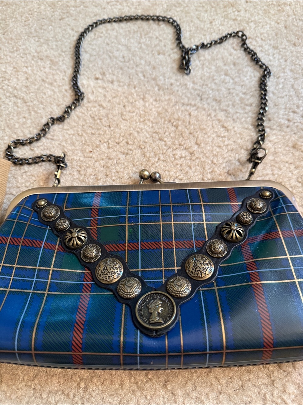 Patricia Nash- Navy Blue Plaid Snap-Top Chain Clutch